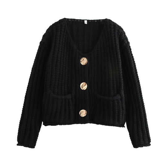 Damen Kurzcardigan im Rippen-Grobstrick mit aufgesetzten Taschen und Statementknöpfen Shop Nory