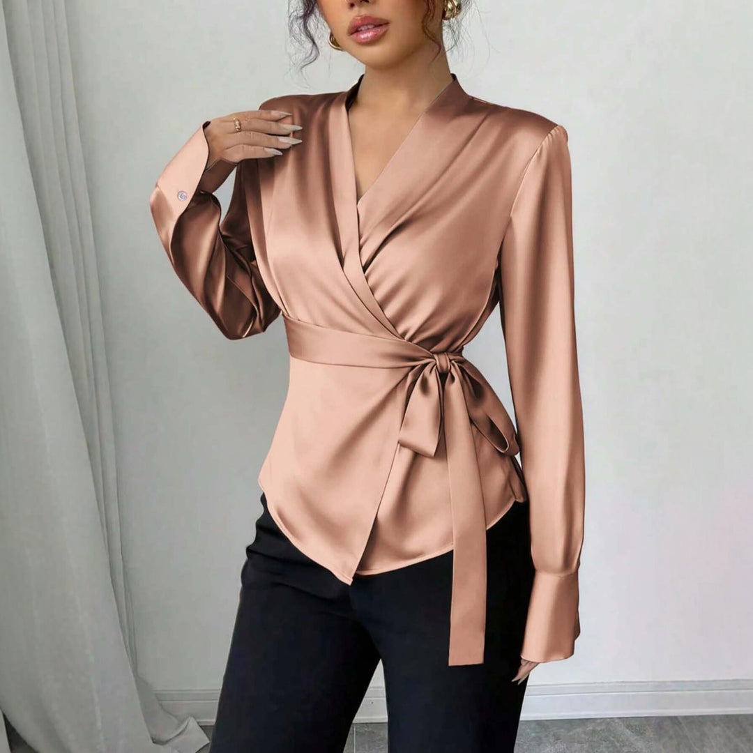 Damen Satin-Wickelbluse mit V-Ausschnitt, Taillengürtel und schmalem Manschettenärmel Shop Nory