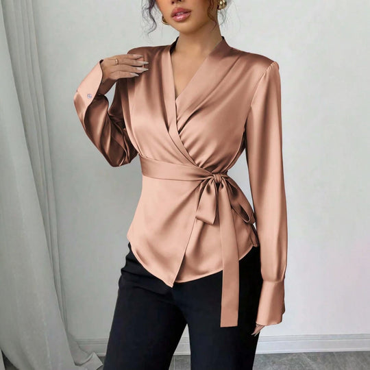 Damen Satin-Wickelbluse mit V-Ausschnitt, Taillengürtel und schmalem Manschettenärmel Shop Nory