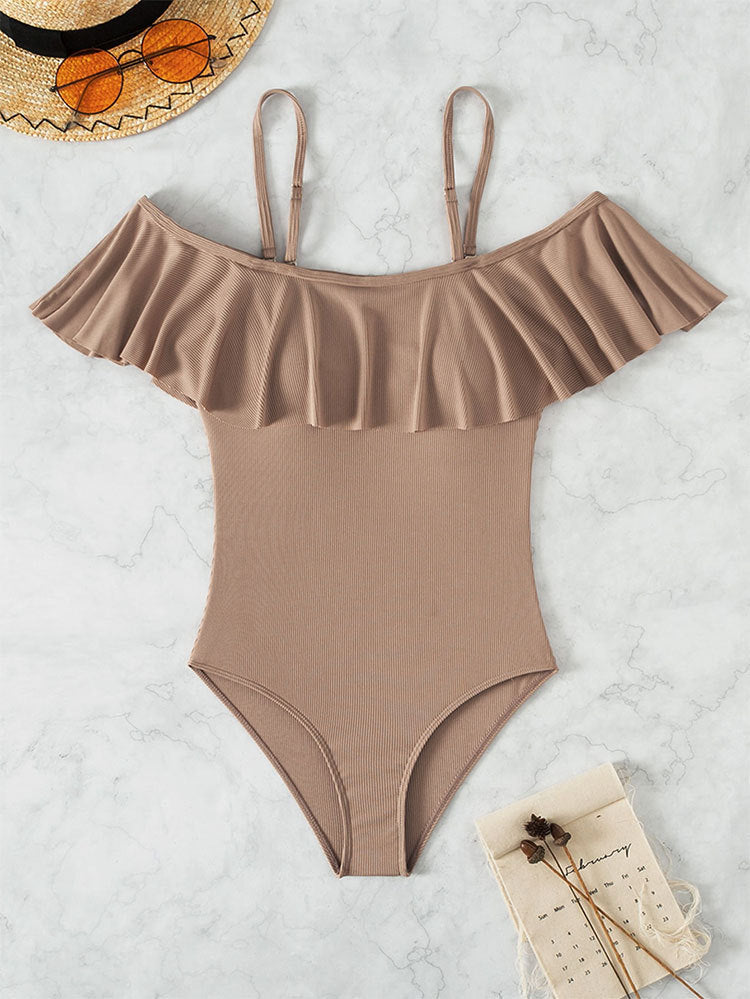 Damen Eleganter Badeanzug mit Volants und schulterfreier Ausschnitt