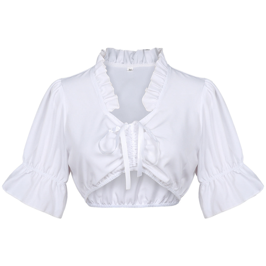 Damen nan Spitzenbolero Bluse mit Stehkragen, 3/4 Ärmeln und Bindeband Shop Nory