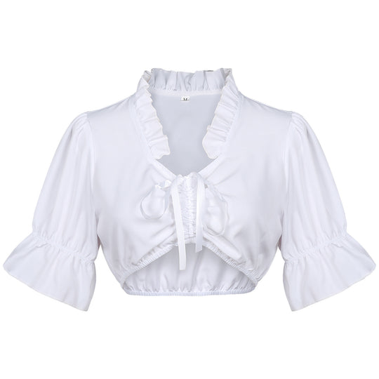 Damen nan Spitzenbolero Bluse mit Stehkragen, 3/4 Ärmeln und Bindeband Shop Nory