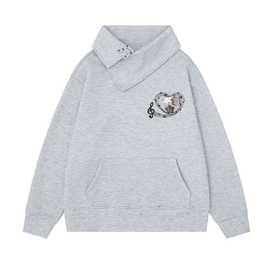 Damen Oversize-Sweatshirt mit asymmetrischem Stehkragen, Kängurutasche und musikalischer Herz-Stickerei Shop Nory