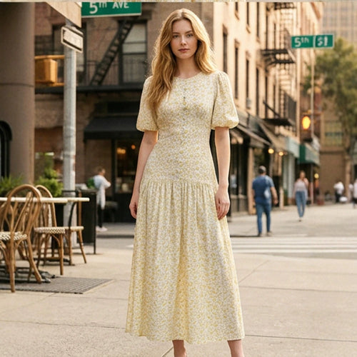 Damen Midikleid mit Puffärmeln, taillierter Silhouette und geknöpftem Mieder Shop Nory