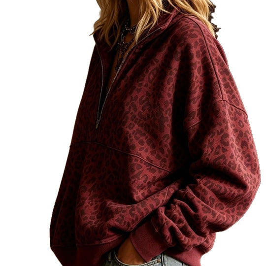 Damen Oversize Sweatshirt mit halbem Reißverschluss und Leo-Print Shop Nory