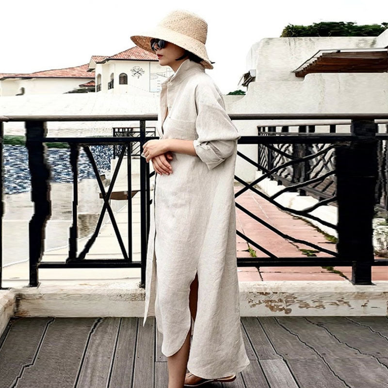 Damen Oversize-Leinen-Hemdmaxikleid mit Stehkragen, Krempelärmeln und hohen Seitenschlitzen Shop Nory