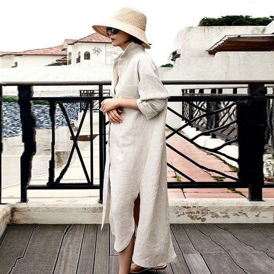 Damen Oversize-Leinen-Hemdmaxikleid mit Stehkragen, Krempelärmeln und hohen Seitenschlitzen Shop Nory