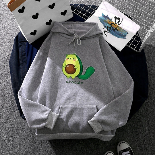 Damen nan Oversize-Fleecehoodie mit weichem Innenfutter, Kängurutasche und Avocato-Cartoonmotiv Shop Nory