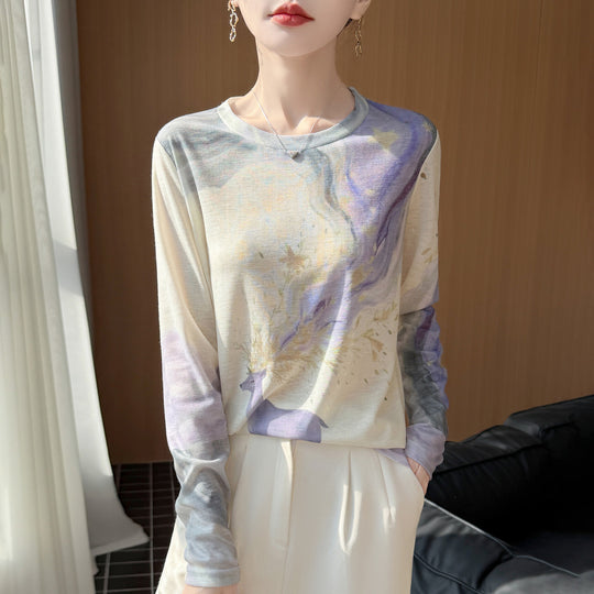 Damen Leichtes Langarmshirt aus Viskose-Mix mit Aquarellprint und Rundhalsausschnitt Shop Nory