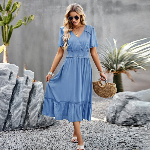 Damen Midikleid mit Schößchen, elastischem Tailleneinsatz und eleganten Rüschen