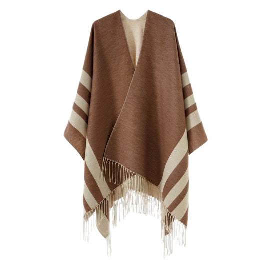 Damen Wendbarer Strickcape-Poncho mit Fransen und kontrastierenden Streifen Shop Nory