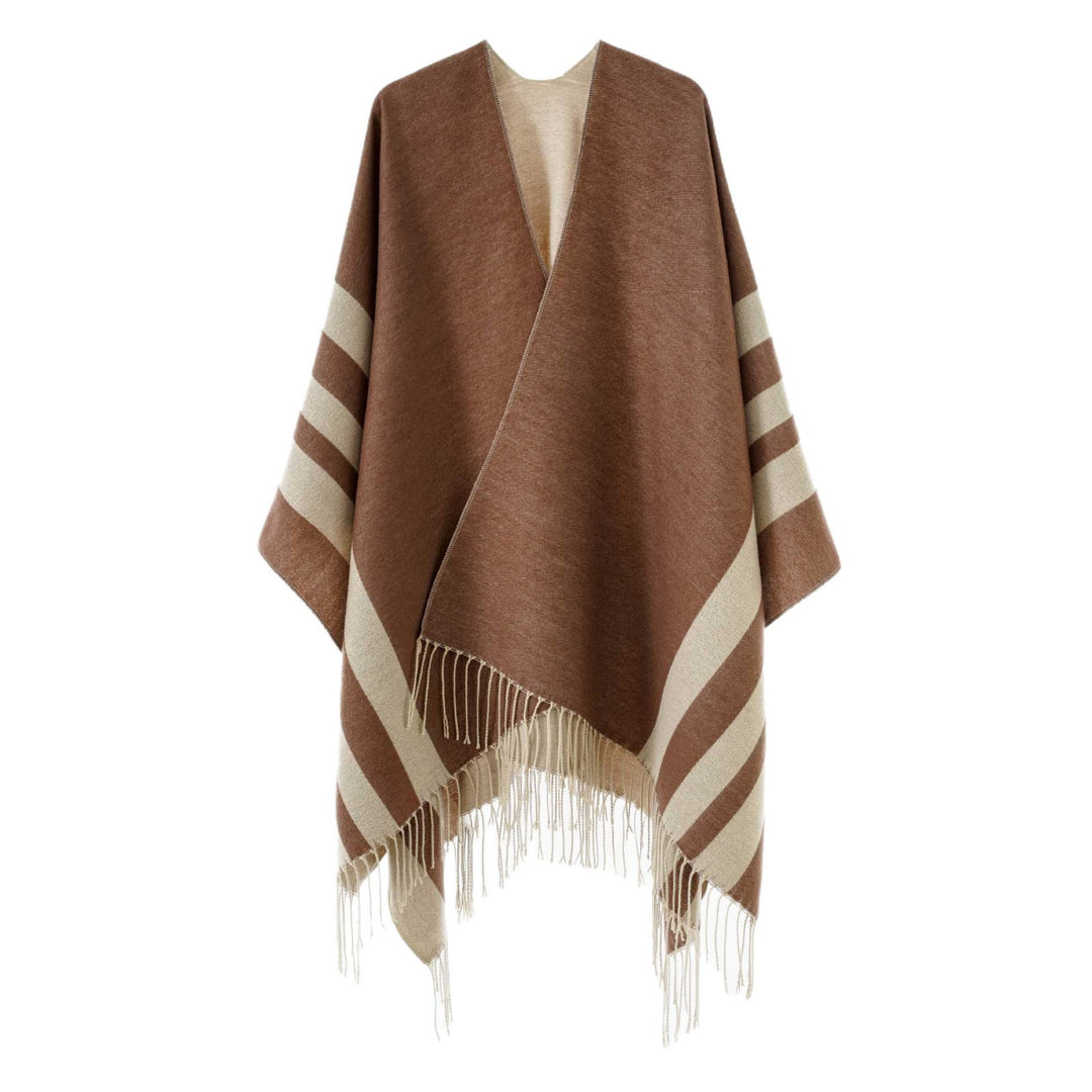 Damen Großer Wollmix Fransenponcho mit diagonalen Kontraststreifen Shop Nory