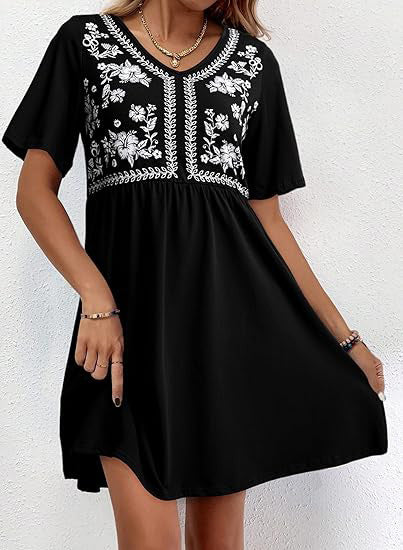 Damen Besticktes Empire-Kleid mit V-Ausschnitt, Kurzärmeln und ausgestelltem Rock Shop Nory