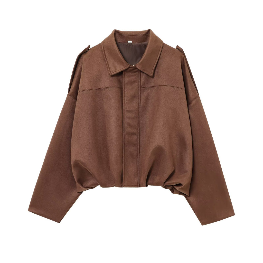Damen Gekürzte Wildlederoptik-Blousonjacke mit Taillen-Smock und Schulterpatten Shop Nory