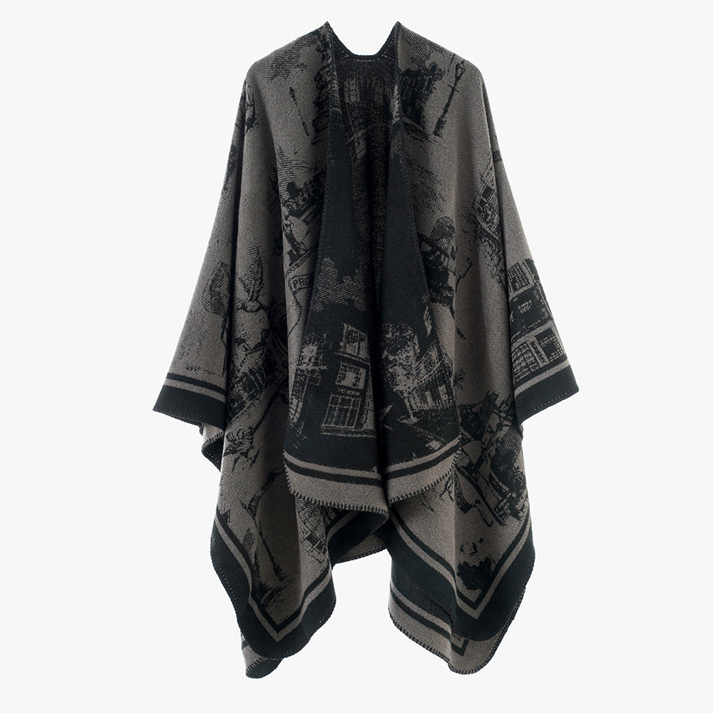 Damen Zweifarbiger Wolloptik-Überwurf mit Jacquard‑Stadtmotiv und offener Wasserfallfront Shop Nory