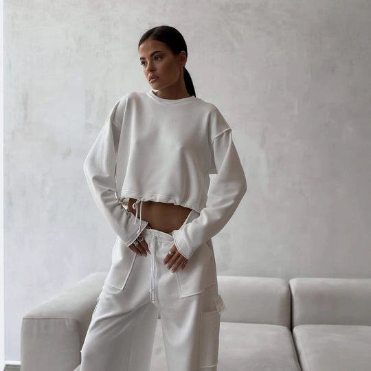 Damen kurzes Sweatshirt mit Kordelzug und Oversize-Ärmeln Shop Nory