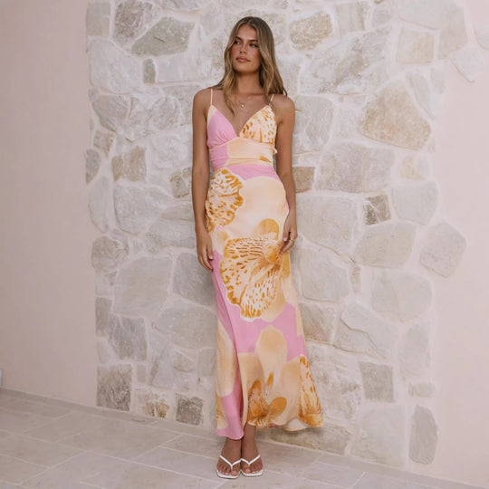 Damen Maxikleid mit floralem Design und raffinierten Rüschendetails