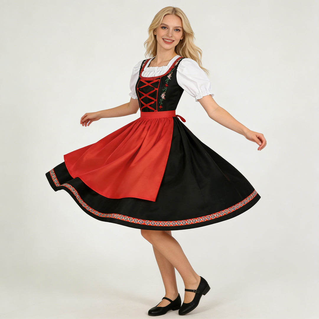 Damen nan traditionelles Dirndlkleid mit besticktem Mieder, Puffärmeln und Schürze Shop Nory