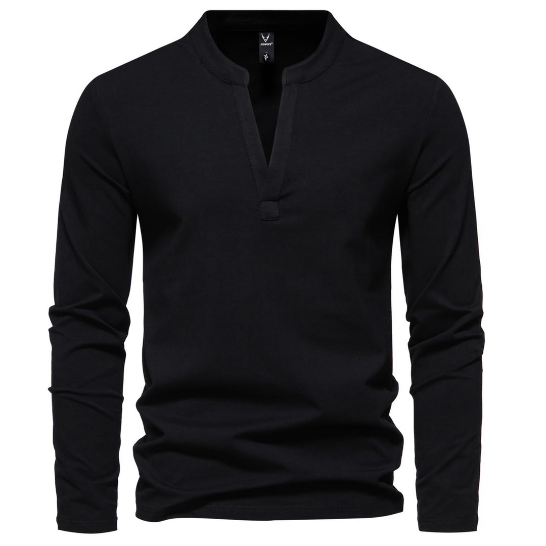 Herren langärmeliges Henleyshirt mit Stehkragen, tiefer V-Öffnung und schmaler Passform Shop Nory