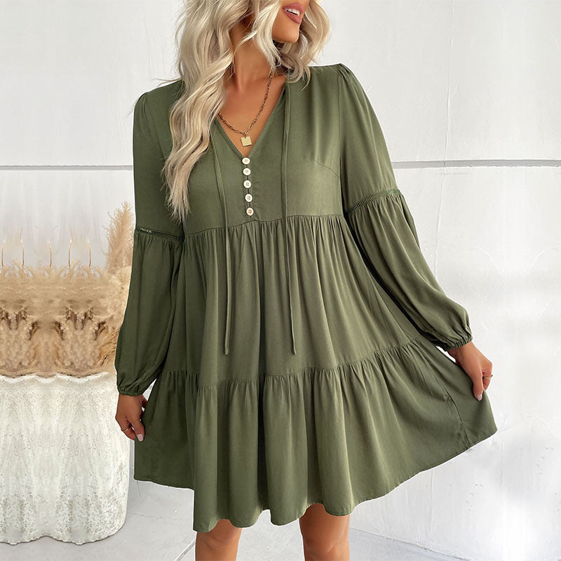 Damen Weiches Stufen-Minikleid mit V-Ausschnitt, Knopfleiste und Ballonärmeln Shop Nory