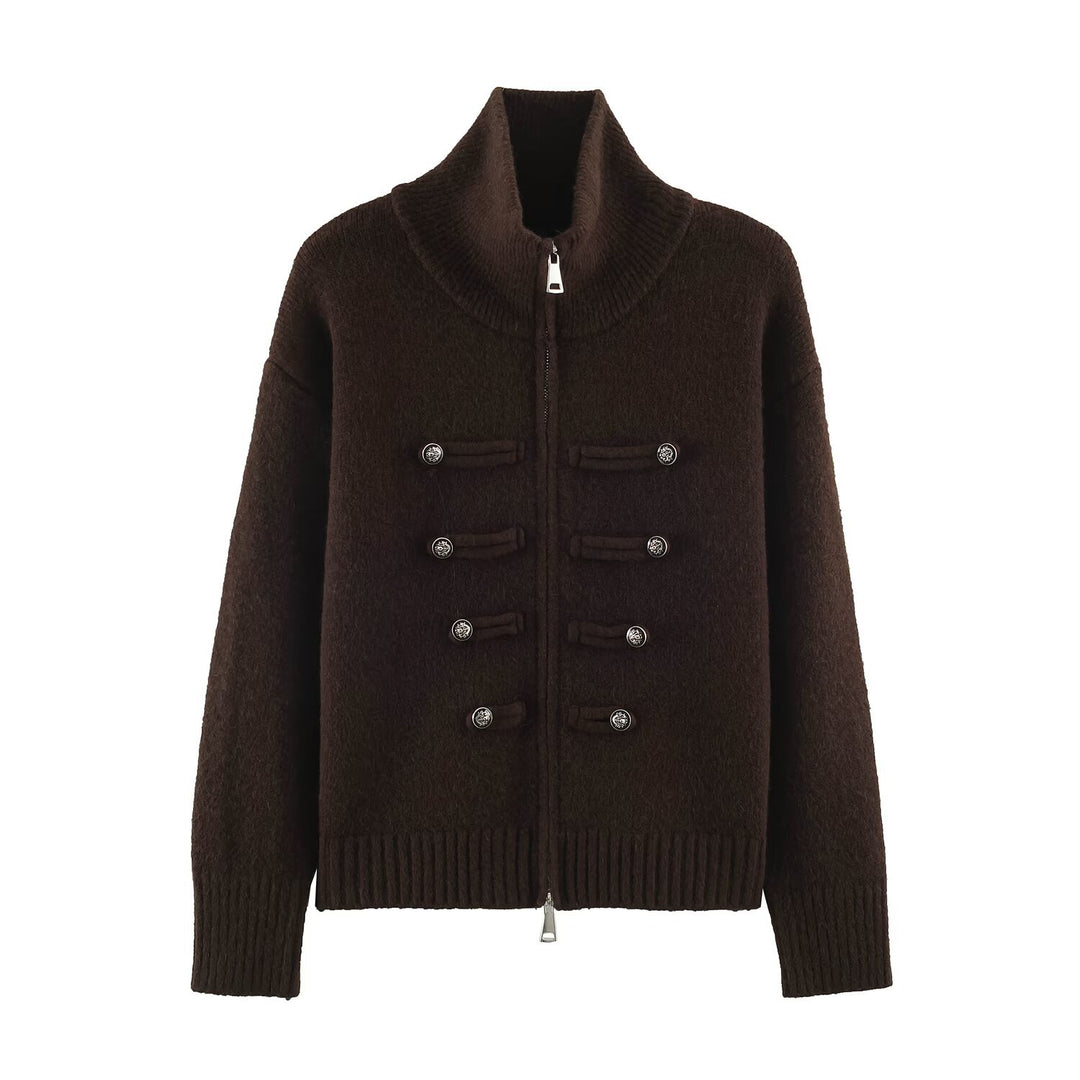 Damen Strickjacke mit Reißverschluss, hohem Stehkragen und dekorativen Zierknopfleisten Shop Nory