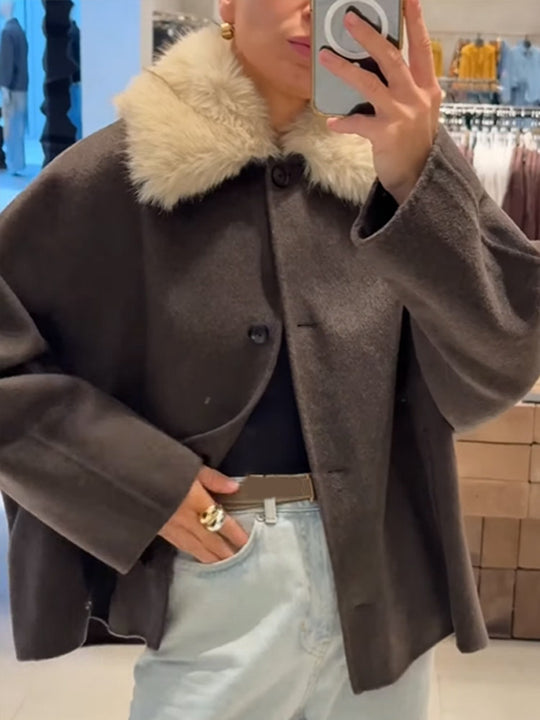 Damen Boxy-Cropped Wollmix-Jacke mit weichem Kunstpelz‑Schalkragen Shop Nory