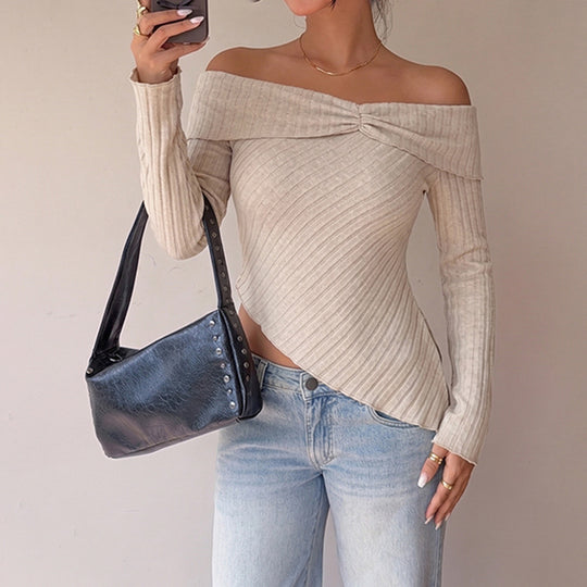 Damen Schulterfreies asymmetrisches Rippstrick-Top mit Knotenpasse Shop Nory