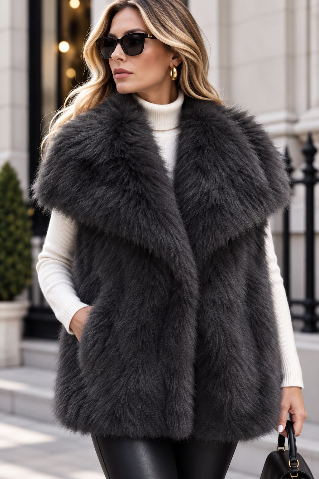 Damen Ärmellose Hochflor‑Kunstfellweste mit voluminösem Schalkragen und Eingrifftaschen Shop Nory