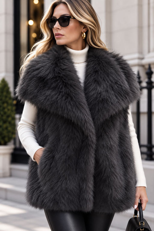 Damen Ärmellose Luxus‑Faux‑Fur‑Weste mit extraweichem Langflor und übergroßem Schalkragen Shop Nory