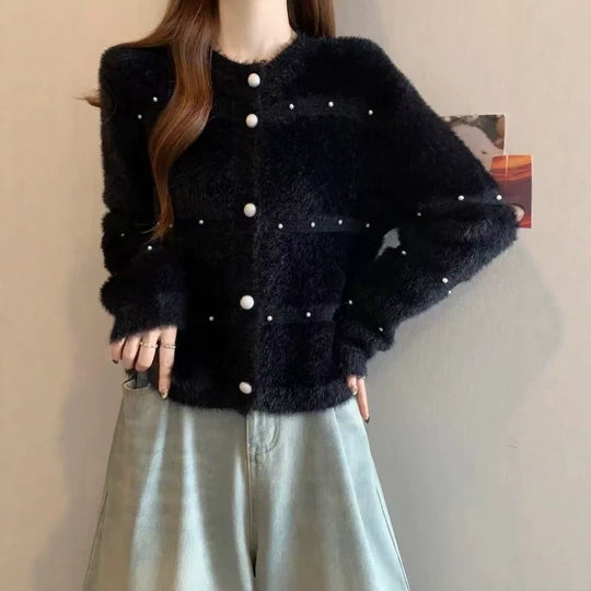 Damen Gemütlicher Strickcardigan mit Perl-Details Shop Nory