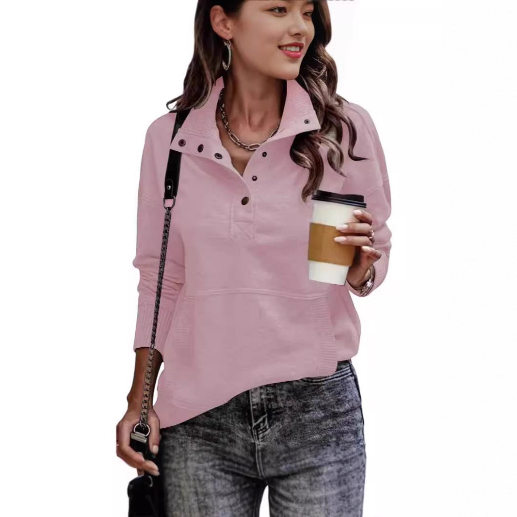 Damen Sweatpullover mit Stehkragen-Knopfleiste und Kängurutasche Shop Nory