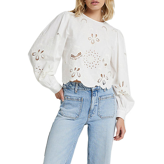 Damen Baumwollbluse mit Broderie Anglaise und Ballonärmeln Shop Nory