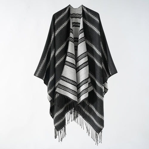 Damen Langer Webponcho im Cape-Stil mit Streifen-Jacquard und Fransen Shop Nory