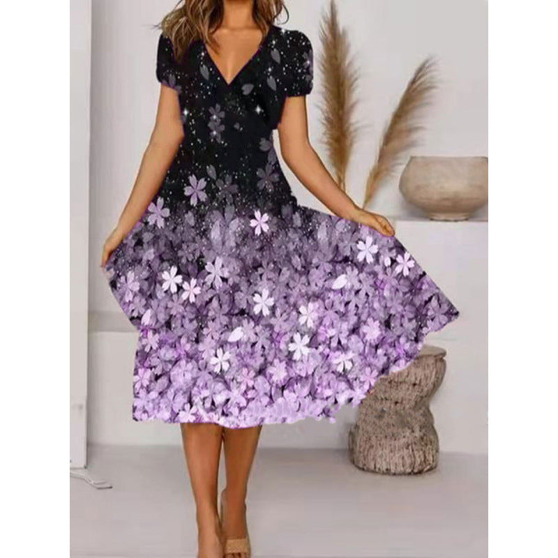 Damen A-Linie Sommerkleid mit V-Ausschnitt und floralen Akzenten