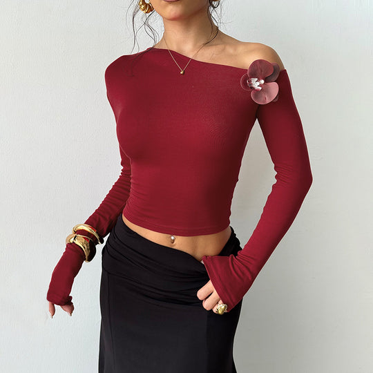 Damen asymmetrisches Ein-Schulter-Langarmshirt mit floraler Applikation Shop Nory