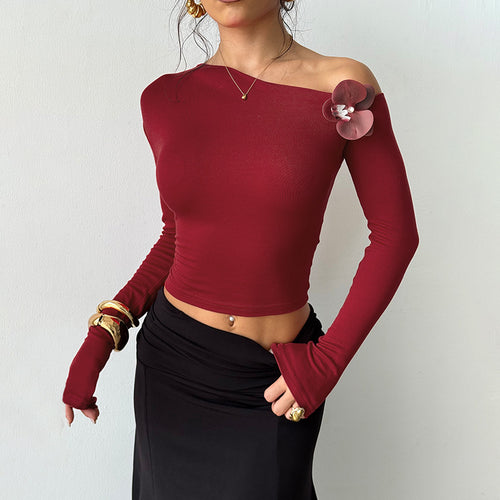 Damen asymmetrisches Ein-Schulter-Langarmshirt mit floraler Applikation Shop Nory