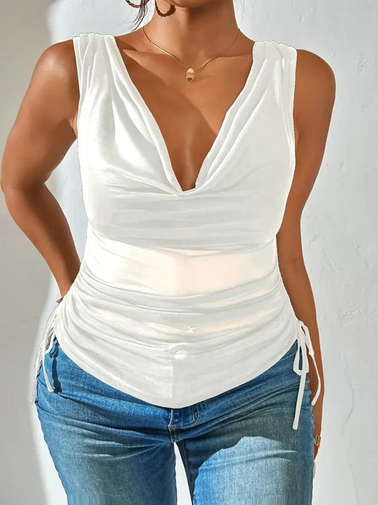Damen Ärmelloses drapiertes V-Ausschnitt Top mit seitlicher Raffung Shop Nory