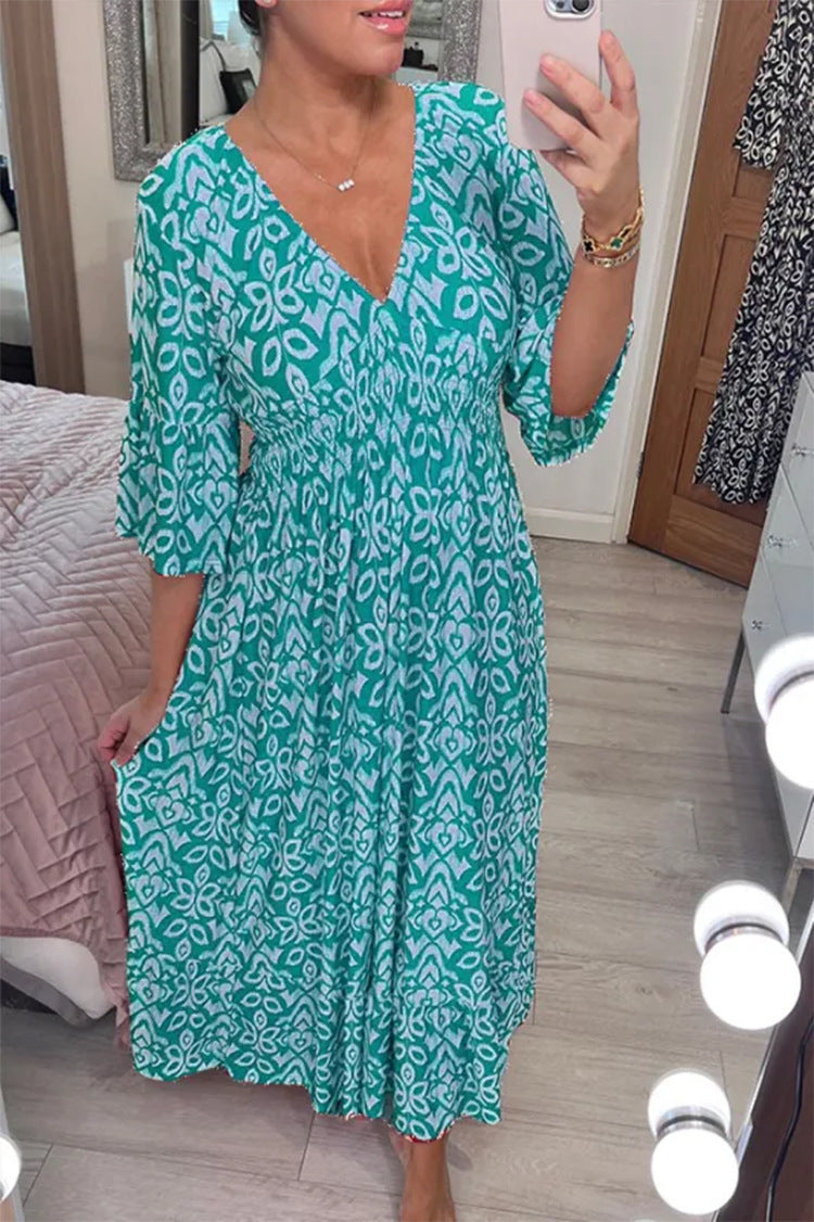 Damen Boho‑Maxikleid mit Smoktaillenband, Wickeloptik‑Dekolleté und Volantärmeln Shop Nory