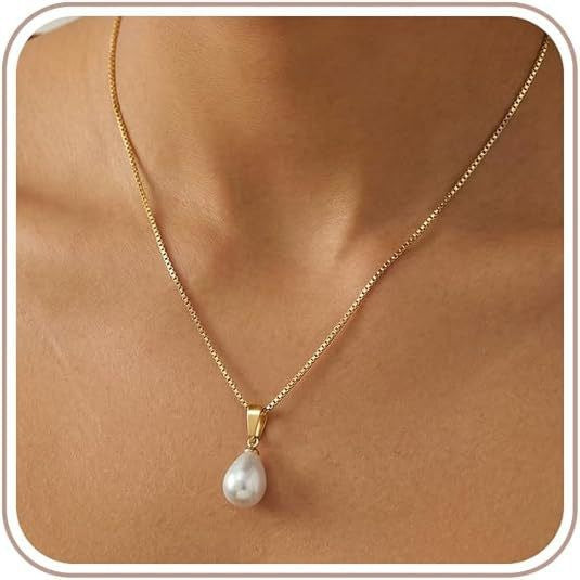Damen Halskette mit tropfenförmigem Perlenanhänger und feiner Gliederkette Shop Nory