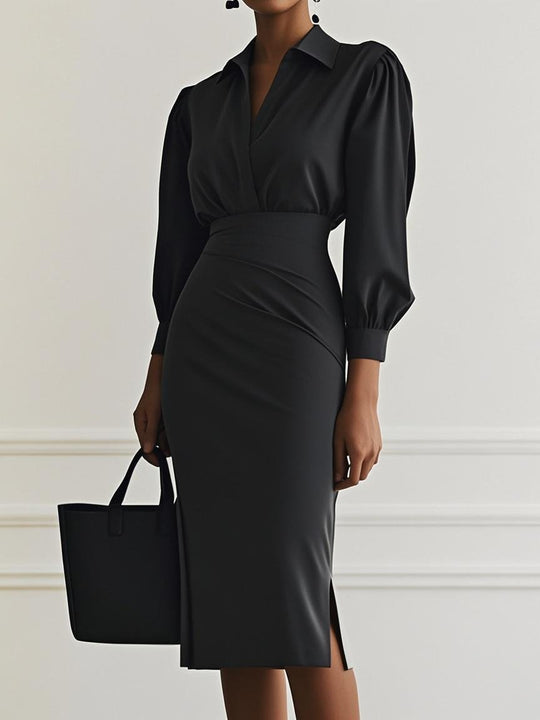 Damen Hemdblusen-Etuikleid mit V‑Wickel, Puffärmeln und taillierter Midilänge Shop Nory