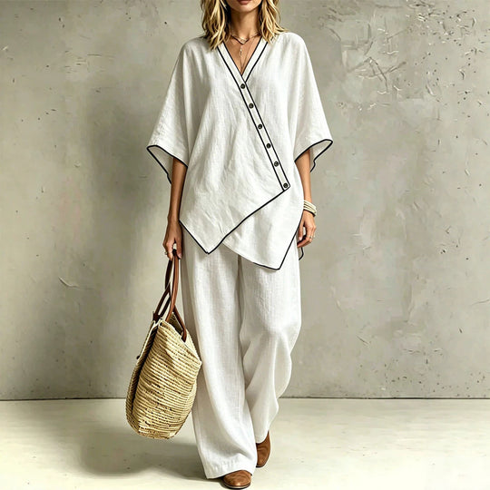 Damen Asymmetrisches Tunika-Loungewear-Set mit diagonaler Knopfleiste und weiter Palazzohose Shop Nory
