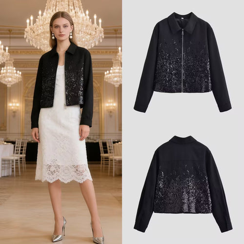 Damen Kurzjacke mit durchgehendem Reißverschluss und Paillettenfront Shop Nory