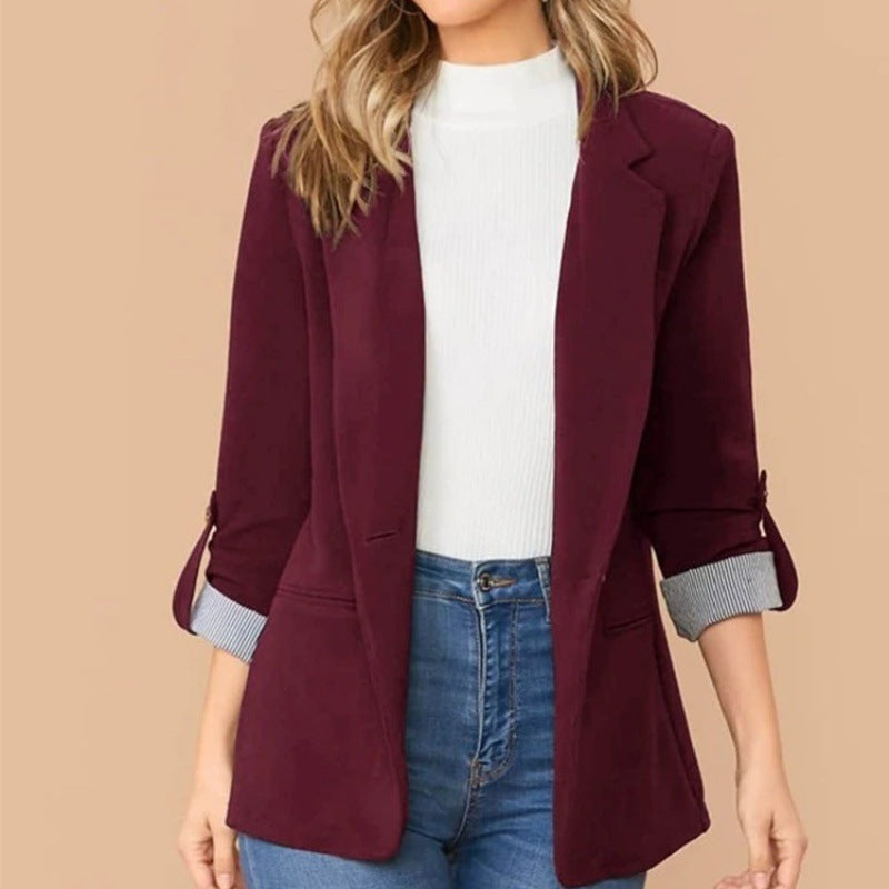 Damen schmal geschnittener Blazer mit Dreiviertelärmeln und umgeschlagenen Manschetten Shop Nory