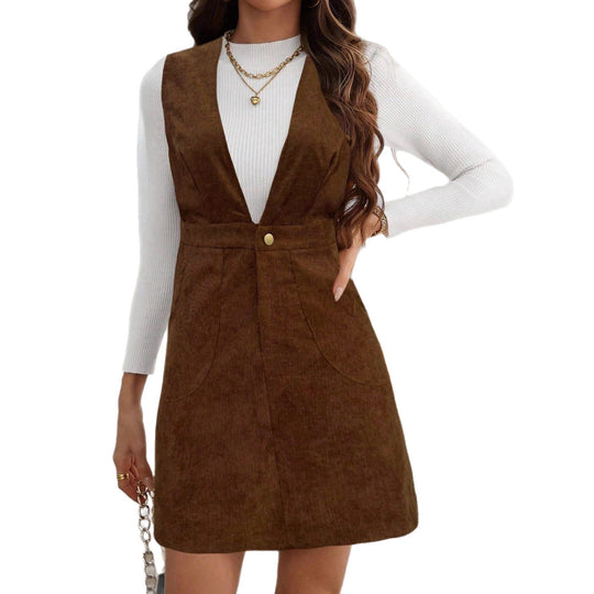 Damen Kord-Latzkleid mit tiefem V‑Ausschnitt, Taillenriegel und A‑Linie Shop Nory