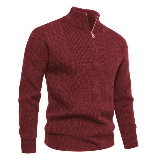 Herren Feinstrick-Halbzip-Pullover mit Stehkragen, Rippstruktur und Schulter-Zopfdetail Shop Nory