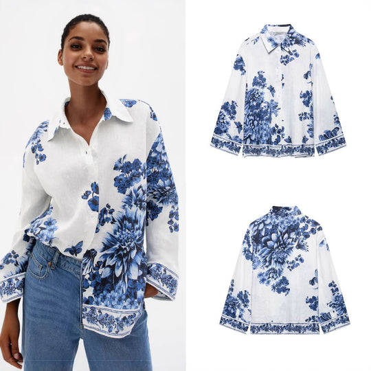 Damen Lockeres Hemd mit floralem Alloverprint und durchgehender Knopfleiste Shop Nory
