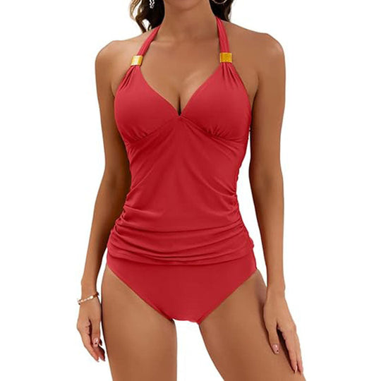 Damen Tankini mit Gerafftem Oberteil und Hohem Bund