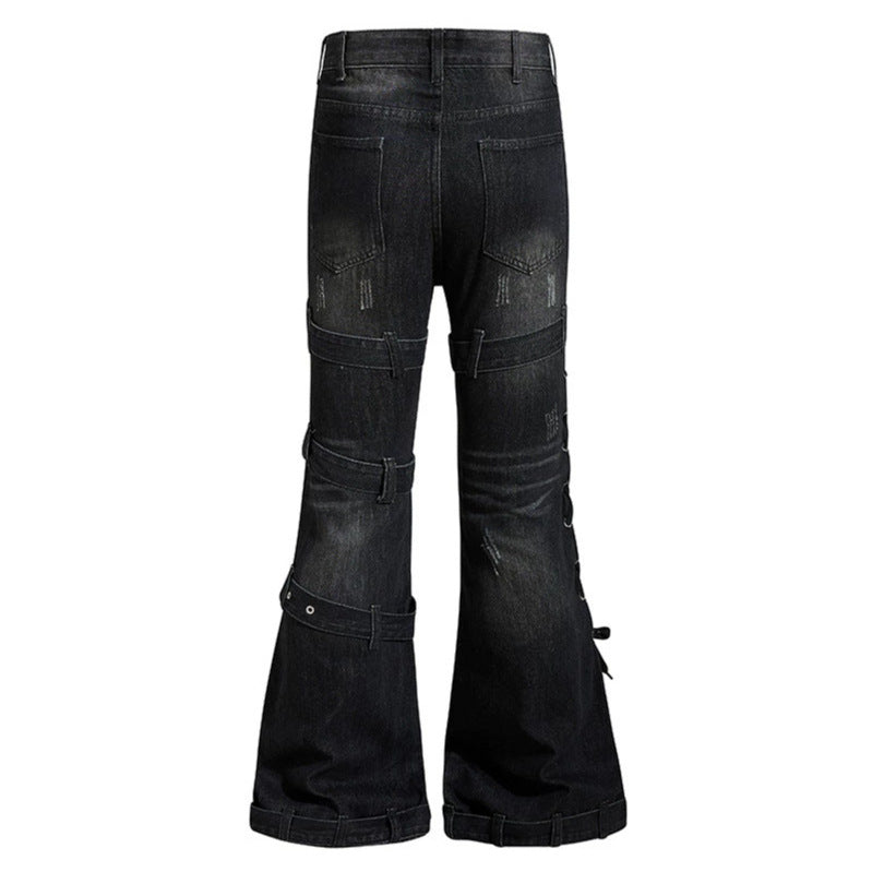 Damen Bondage-Flared-Jeans mit dekorativen Schnallen, Riemen und Used-Look Shop Nory