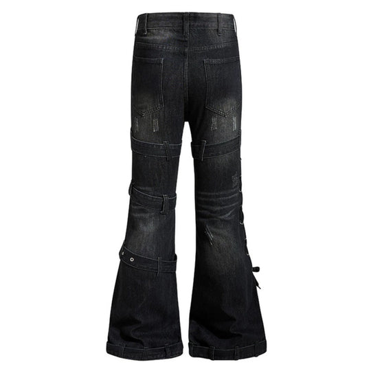 Damen Bondage-Flared-Jeans mit dekorativen Schnallen, Riemen und Used-Look Shop Nory