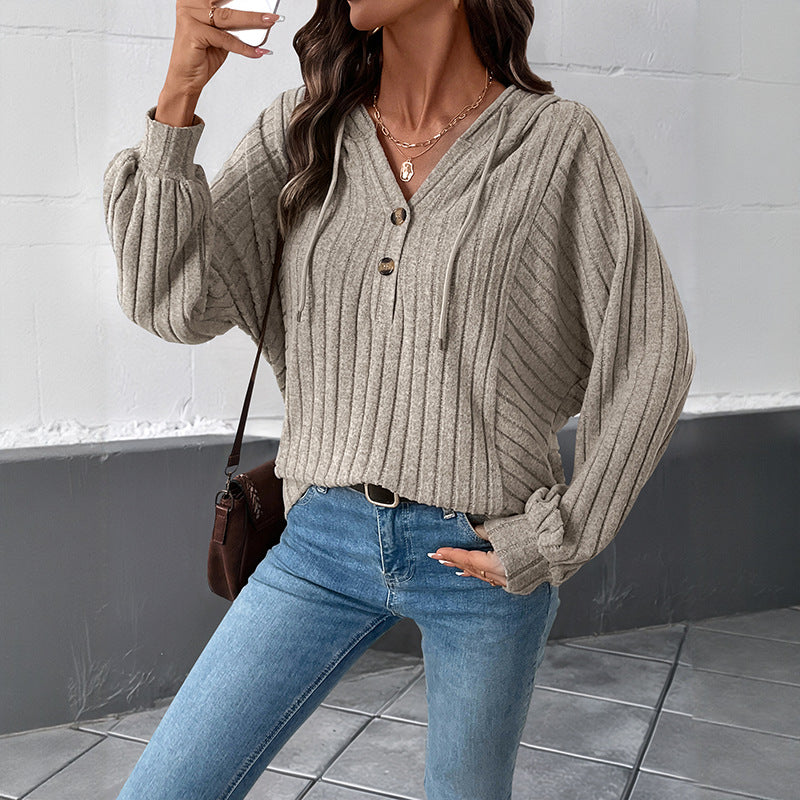 Damen Gerippter Kapuzenpullover mit V‑Ausschnitt, Knopfleiste und Oversize-Ärmeln Shop Nory